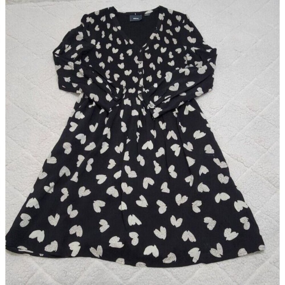 Maeve Womens Black Hearts Smocked Body Long Sleeve Dress V Neck Lined Size S - Picture 6 of 10